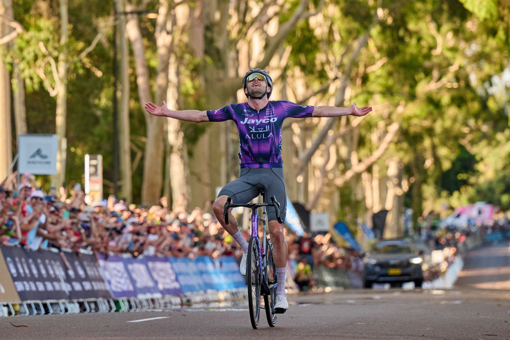 PERTH, AUSTRALIA - JANUARY 12: Luke Durbridge of team Jayco Alula celebrates his win during the Men&amp;apos;s Elite Road Race as part of the 2025 Road Nats on January 12, 2025 in Perth, Australia. (Photo by Stefan Gosatti/Getty Images)