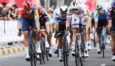 QIDFA, UNITED ARAB EMIRATES - FEBRUARY 20: (L-R) Jonathan Milan of Italy and Team Lidl-Trek, Fernando Gaviria Rendon of Colombia and Team Movistar Team, Tim Merlier of Belgium and Team Soudal Quick-Step cross the finish line during the 7th UAE Tour 2025, Stage 4 a 181km stage from Fujairah Qidfa Beach to Umm al Quwain / #UCIWWT / on February 20, 2025 in Fujairah Qidfa Beach, United Arab Emirates. (Photo by Dario Belingheri/Getty Images)