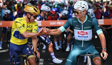 SAINT-PRIEST, FRANCE - JUNE 12: (L-R) Remco Evenepoel of Belgium and Team Soudal Quick-Step - Yellow leader jersey and Mathieu van der Poel of Netherlands and Team Alpecin - Deceuninck - Green points jersey prior to the 77th Criterium du Dauphine 2025, Stage 5 a 183km stage from Saint-Priest to Macon / #UCIWT / on June 12, 2025 in Saint-Priest, France. (Photo by Dario Belingheri/Getty Images)