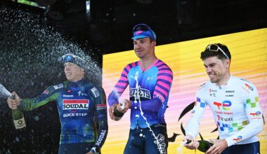 VALENCIA, SPAIN - JANUARY 25: (L-R) Paul Magnier of France and Team Soudal Quick-Step Devo on second place, race winner Dylan Groenewegen of Netherlands and Team Unibet Rose Rockets and Emilien Jeanniere of France and Team TotalEnergies on third place pose on the podium ceremony after the 42nd Classica Comunitat Valenciana 1969 - Gran premio Valencia 2026 a 200km one day race from La Nucia to Valencia on January 25, 2026 in Valencia, Spain. (Photo by Antonio Baixauli/Getty Images)