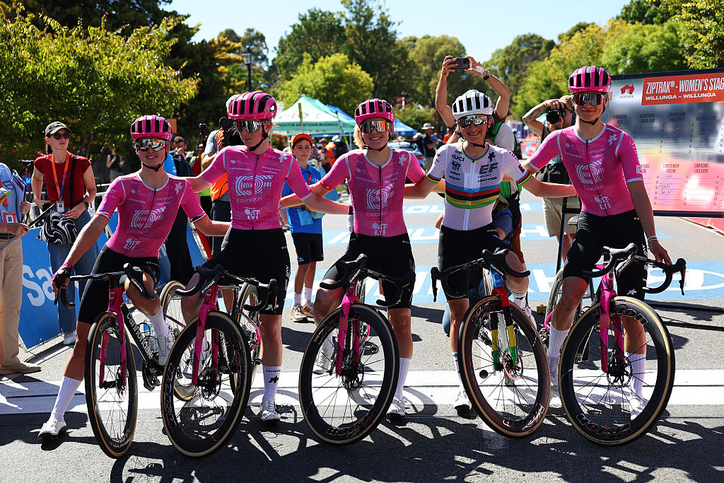 WILLUNGA, AUSTRALIA - JANUARY 17: (L-R) Alice Towers of Great Britain, Henrietta Christie of New Zealand, Noemi Ruegg of Switzerland, Magdeleine Vallieres of Canada and Stina Kagevi of Sweden and Team EF Education-Oatly prior to the 10th Santos Women&amp;apos;s Tour Down Under 2026, Stage 1 a 137.4km stage from Willunga to Willunga 134m / #UCIWWT / on January 17, 2026 in Willunga, Australia. (Photo by Con Chronis/Getty Images)