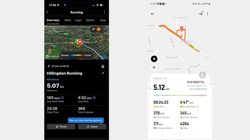 run tracking comparison oneplus watch lite and garmin