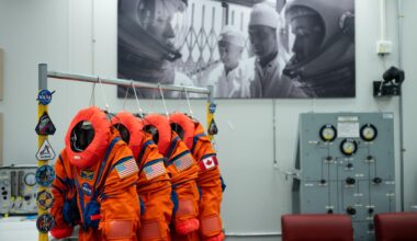 Four bright orange spacesuits with the circular NASA logo and American and Canadian flags on the arms hang on a rack in the middle of an empty room with chairs to the right and an image on the back white wall of two astronauts looking at each other
