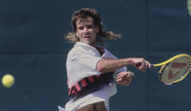 Andre Agassi from the United States plays a forehand return against Stefan Edberg of Sweden during their Men's Singles Final match at the ATP Lipton International Players Championships on 26th March 1990 at the Tennis Center at Crandon Park in Key Biscayne, Florida, United States.