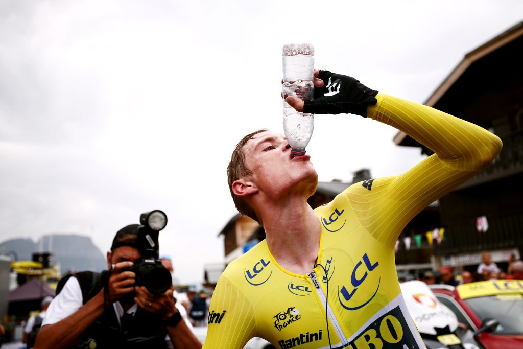 COMBLOUX, FRANCE - JULY 18: Stage winner Jonas Vingegaard of Denmark and Team Jumbo-Visma - Yellow Leader Jersey reacts after the stage sixteen of the 110th Tour de France 2023 a 22.4km individual climbing time trial stage from Passy to Combloux 974m / #UCIWT / on July 18, 2023 in Combloux, France. (Photo by Anne-Christine Poujoulat - Pool/Getty Images)