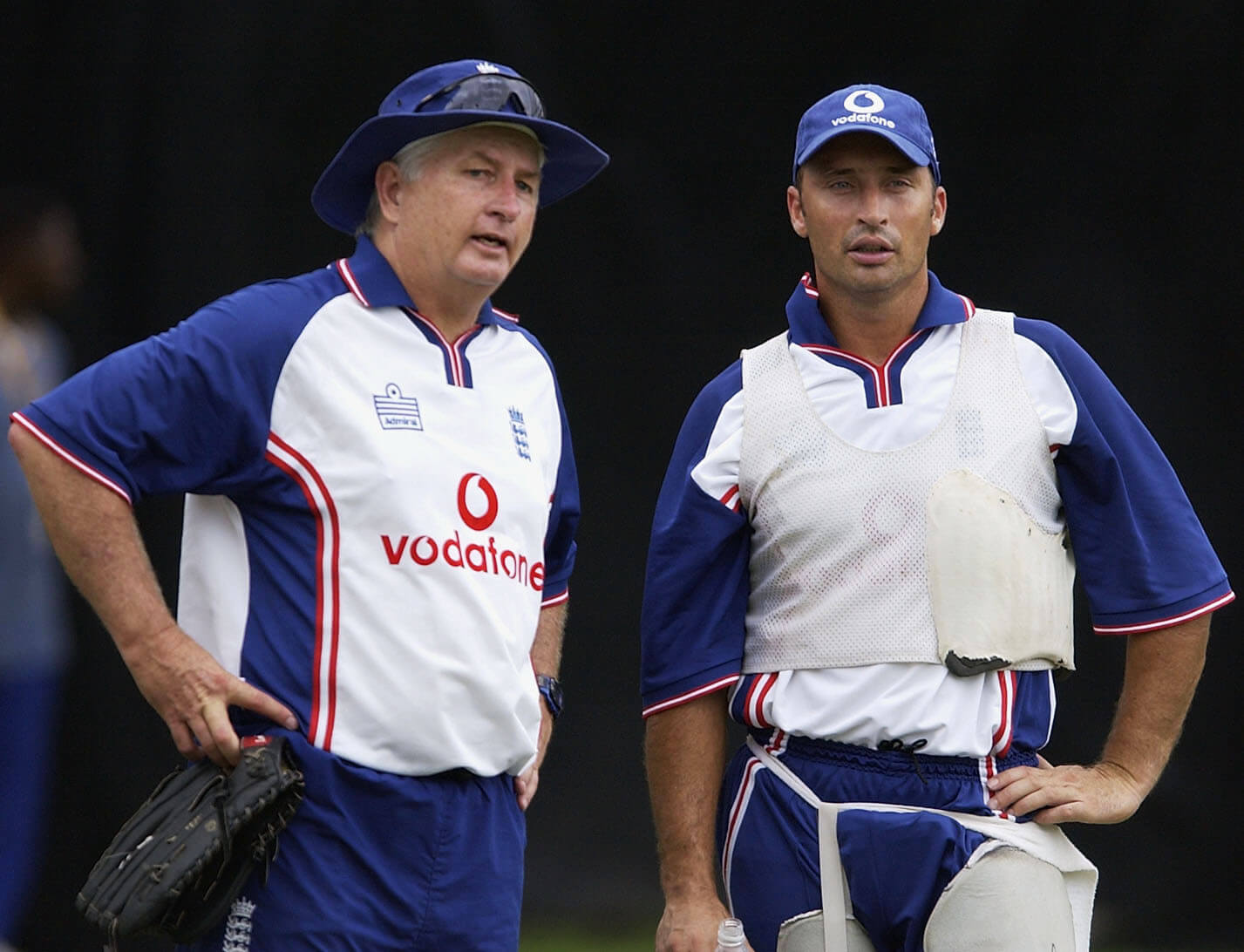 England coach Duncan Fletcher and captain Nasser Hussain during a net session at Kingsmead, Durban in February 2003