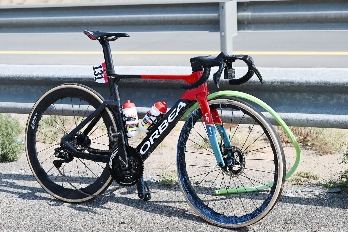 UMM AL QAIWAIN, UNITED ARAB EMIRATES - FEBRUARY 23: Detailed view of Belgian Thomas De Gendt and Team Lotto Dstny's bike damaged after his crash during the 6th UAE Tour 2024, Stage 5 a 182km stage from Al Aqah to Umm al Qaiwain / #UCIWT / on February 23, 2024 in Al Aqah, United Arab Emirates. (Photo by Tim de Waele/Getty Images)