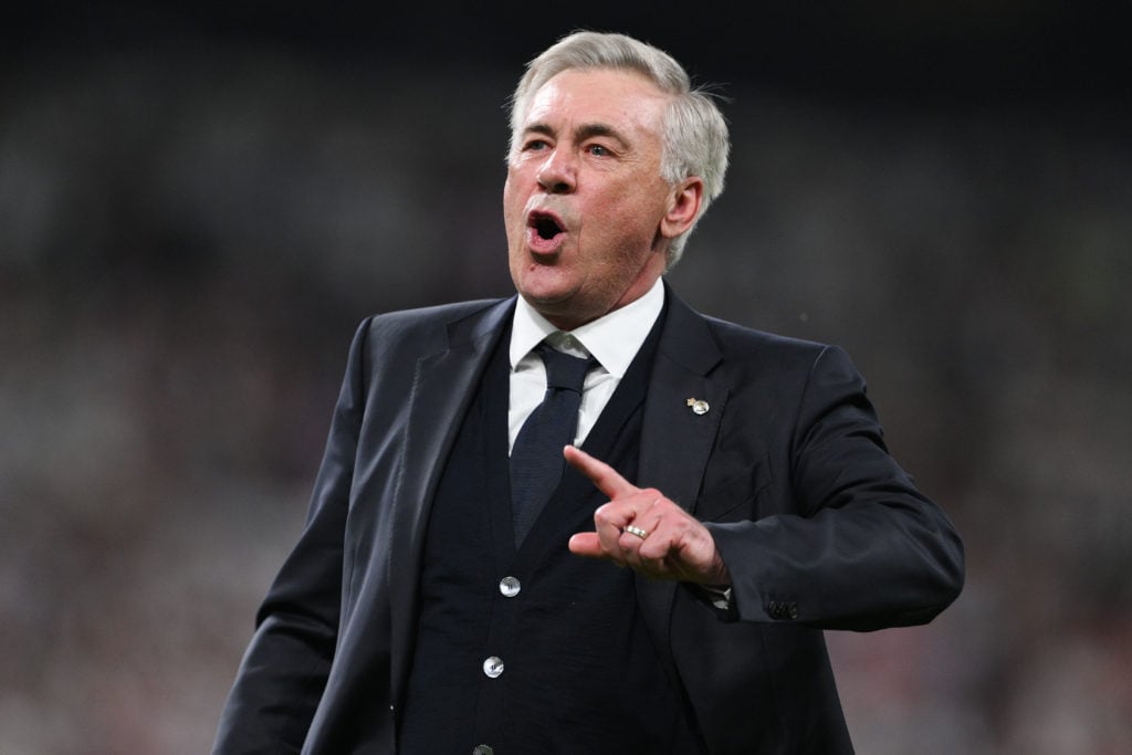 Carlo Ancelotti celebrates at the end of the Champions League semi-final second-leg match between Real Madrid and Bayern Munich at the Estadio Santiago Bernabeu in 2024 in Madrid, Spain.