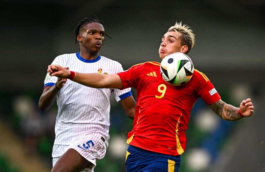 Iker Bravo of Spain in action against Jérémy Jacquet of France