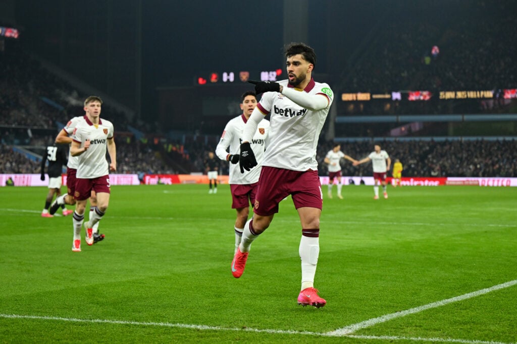 Lucas Paqueta celebrates during Aston Villa v West Ham United - Emirates FA Cup Third Round