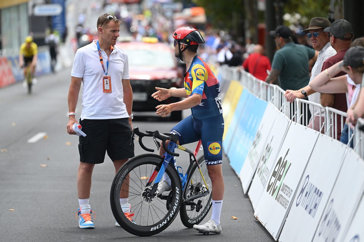 ADELAIDE, AUSTRALIA - JANUARY 26: (L-R) Adam Hansen of Australia president of the CPA Cycling and Jacopo Mosca of Italy and Team Lidl - Trek prior to the 25th Santos Tour Down Under 2025, Stage 6 a 90km stage from Adelaide to Adelaide / #UCIWT / on January 26, 2025 in Adelaide, Australia. (Photo by Dario Belingheri/Getty Images)
