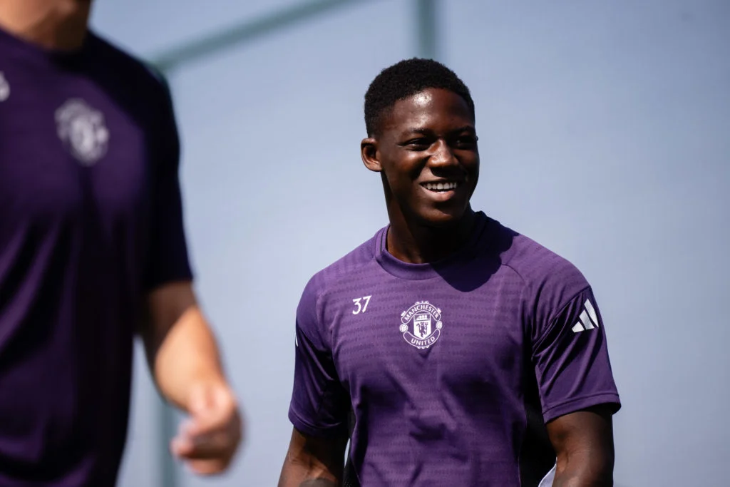 Kobbie Mainoo in action during a first-team Manchester United training session at the Carrington training complex in 2025 in Manchester, England.