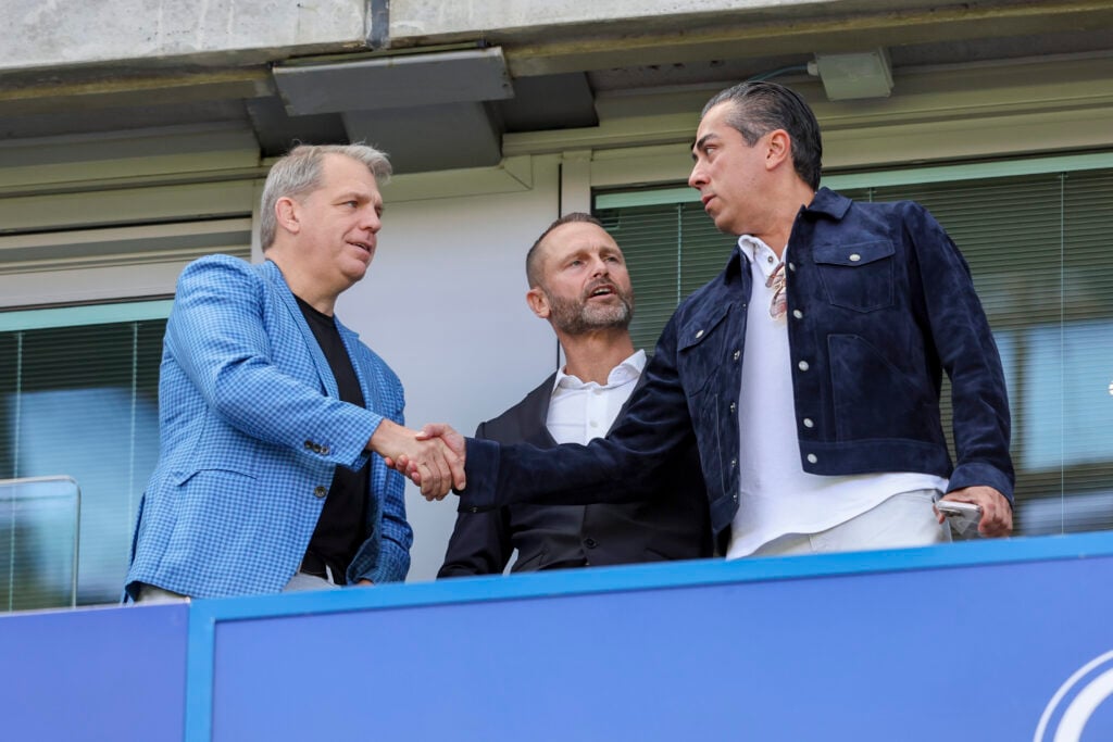 Todd Boehly, Paul Winstanley and Behdad Eghbali during Chelsea's Premier League match against Crystal Palace.