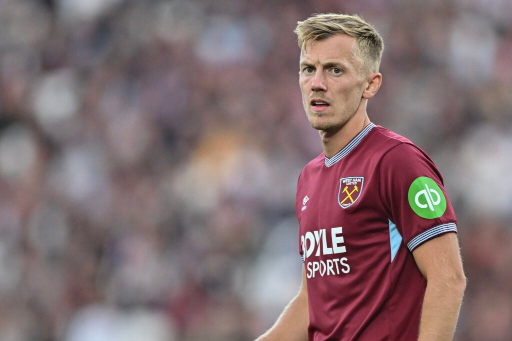 James Ward-Prowse playing for West Ham United against Tottenham in the Premier League.