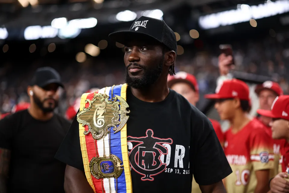 LAS VEGAS, NEVADA - SEPTEMBER 15: Ring Magazine Super Middleweight Champion Terence Crawford walks the field prior to the game between the Las Vegas Raiders and Los Angeles Chargers at Allegiant Stadium on September 15, 2025 in Las Vegas, Nevada. (Photo by Kevin Sabitus/Getty Images)
