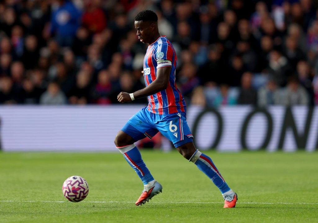 Marc Guehi pictured on the ball during Crystal Palace's Premier League match against Liverpool at Selhurst Park.