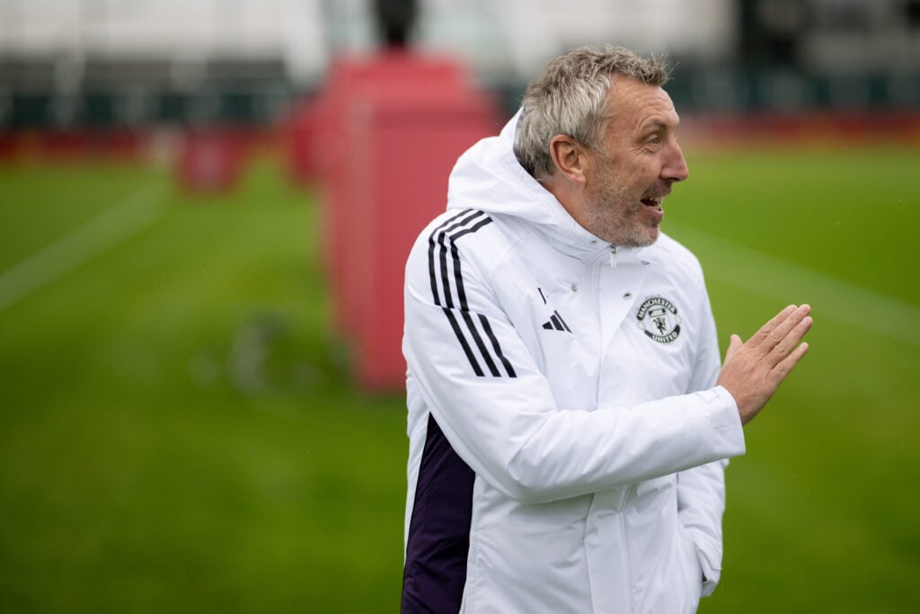 Director of football Jason Wilcox in action during a first-team training session at the Carrington training complex in 2025 in Manchester, England.