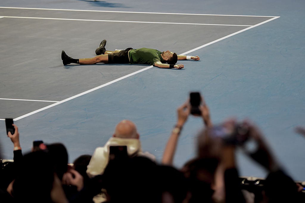 Djokovic collapsed to his back after defeating Lorenzo Musetti in a three-hour Athens final late last year