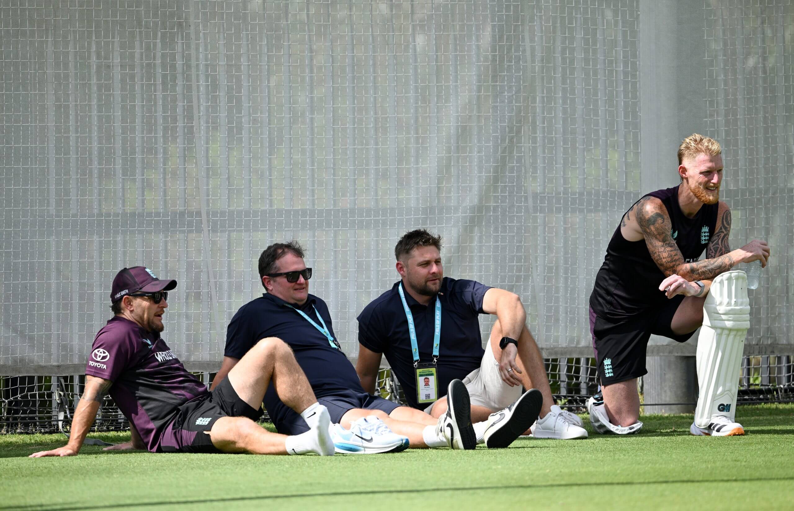 Brendon McCullum, Rob Key, selector Luke Wright and Ben Stokes during an England nets session at Perth Stadium