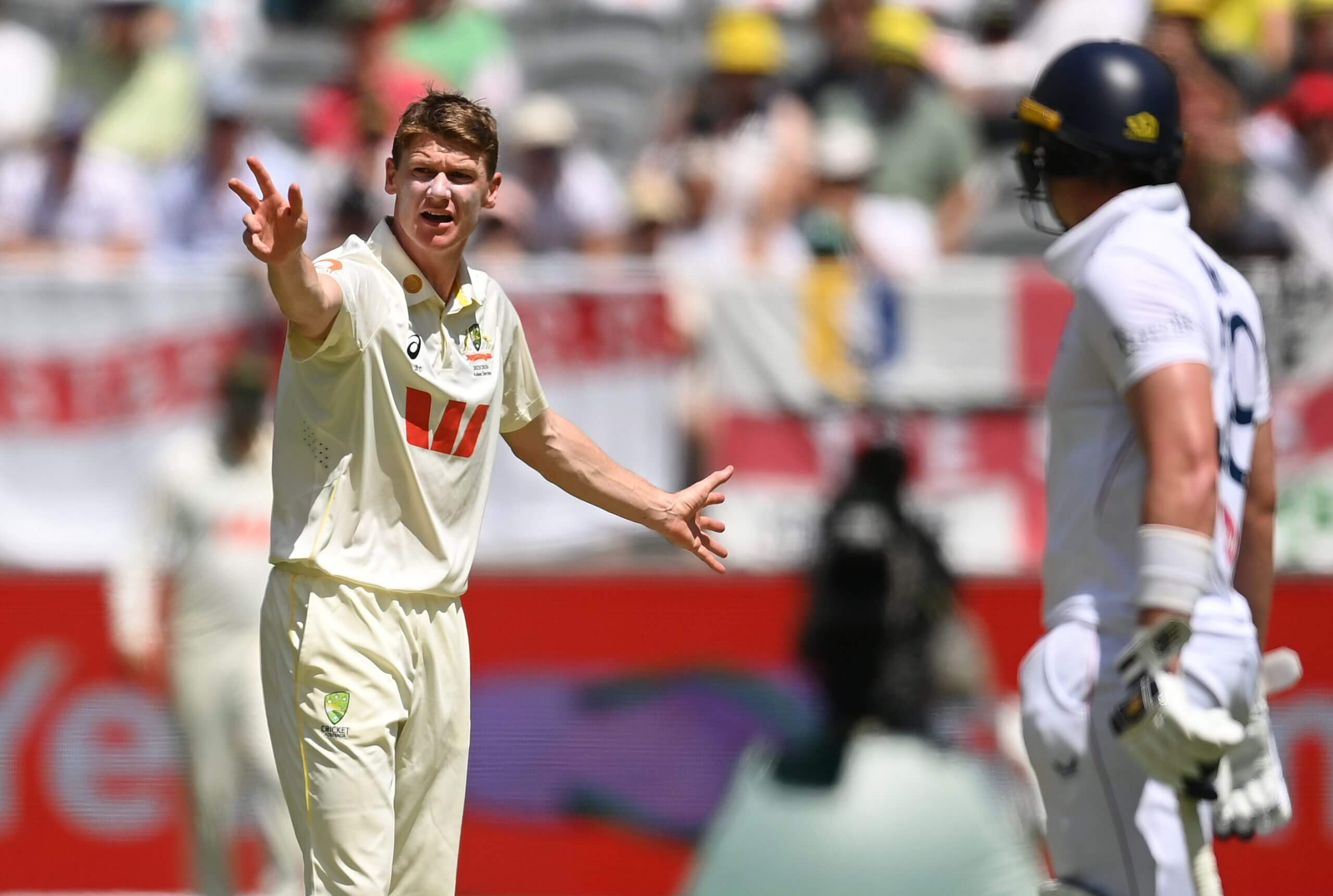 Brendan Doggett appeals for a catch behind against Harry Brook