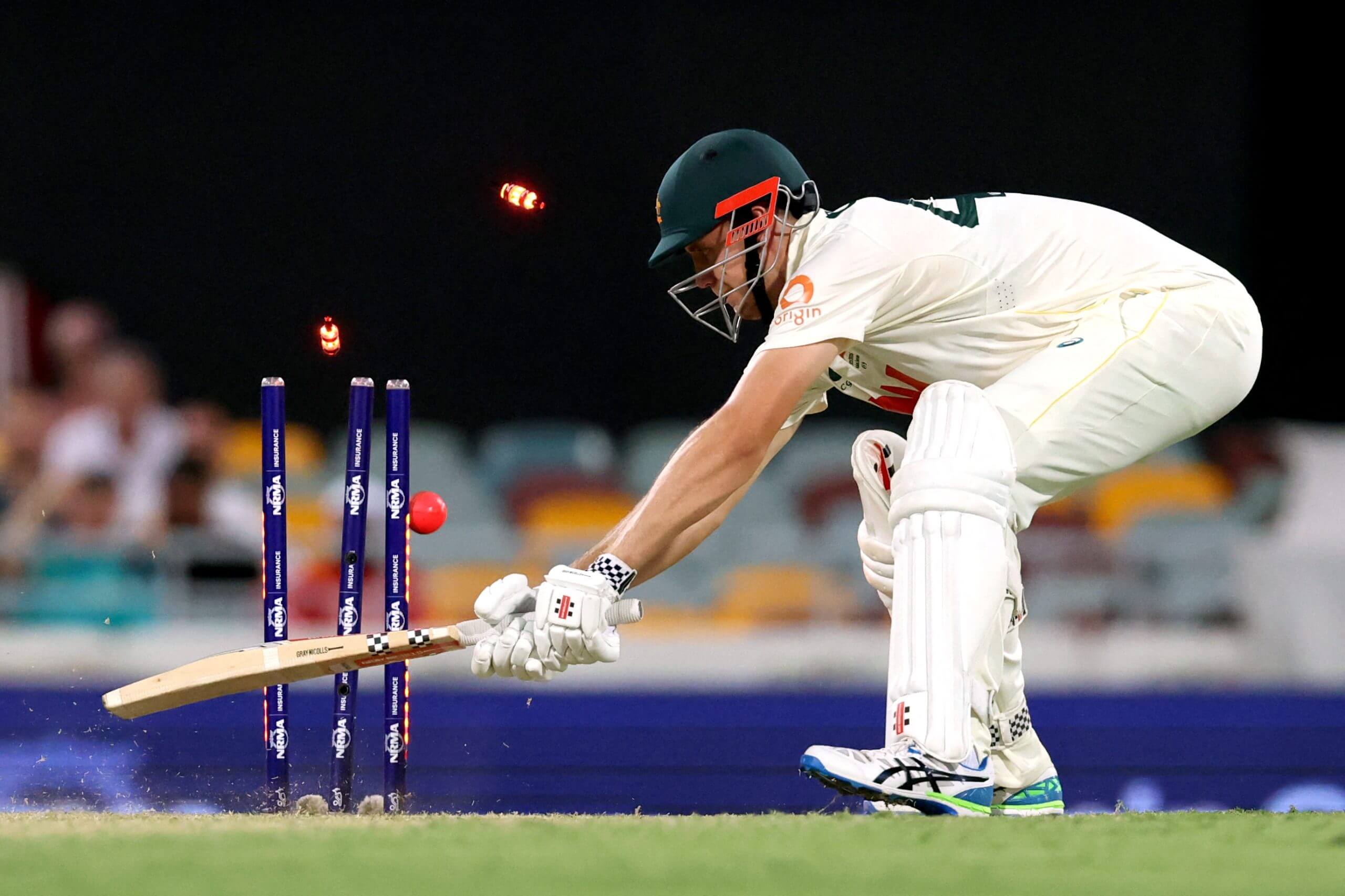 Cameron Green steps away to leg expecting to be bounced, and is yorked instead by Brydon Carse