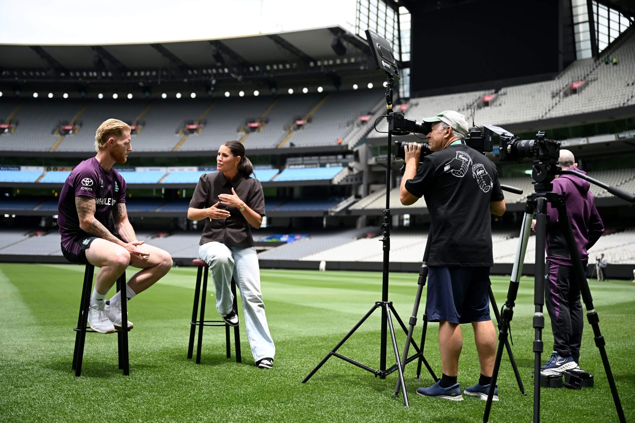 England captain Ben Stokes speaks with TNT Sports presenter Becky Ives in Melbourne