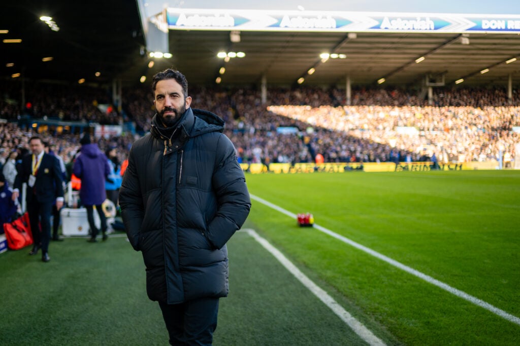 Ruben Amorim looks on prior to the Premier League match between Leeds United and Manchester United at Elland Road in 2026 in Leeds, England.