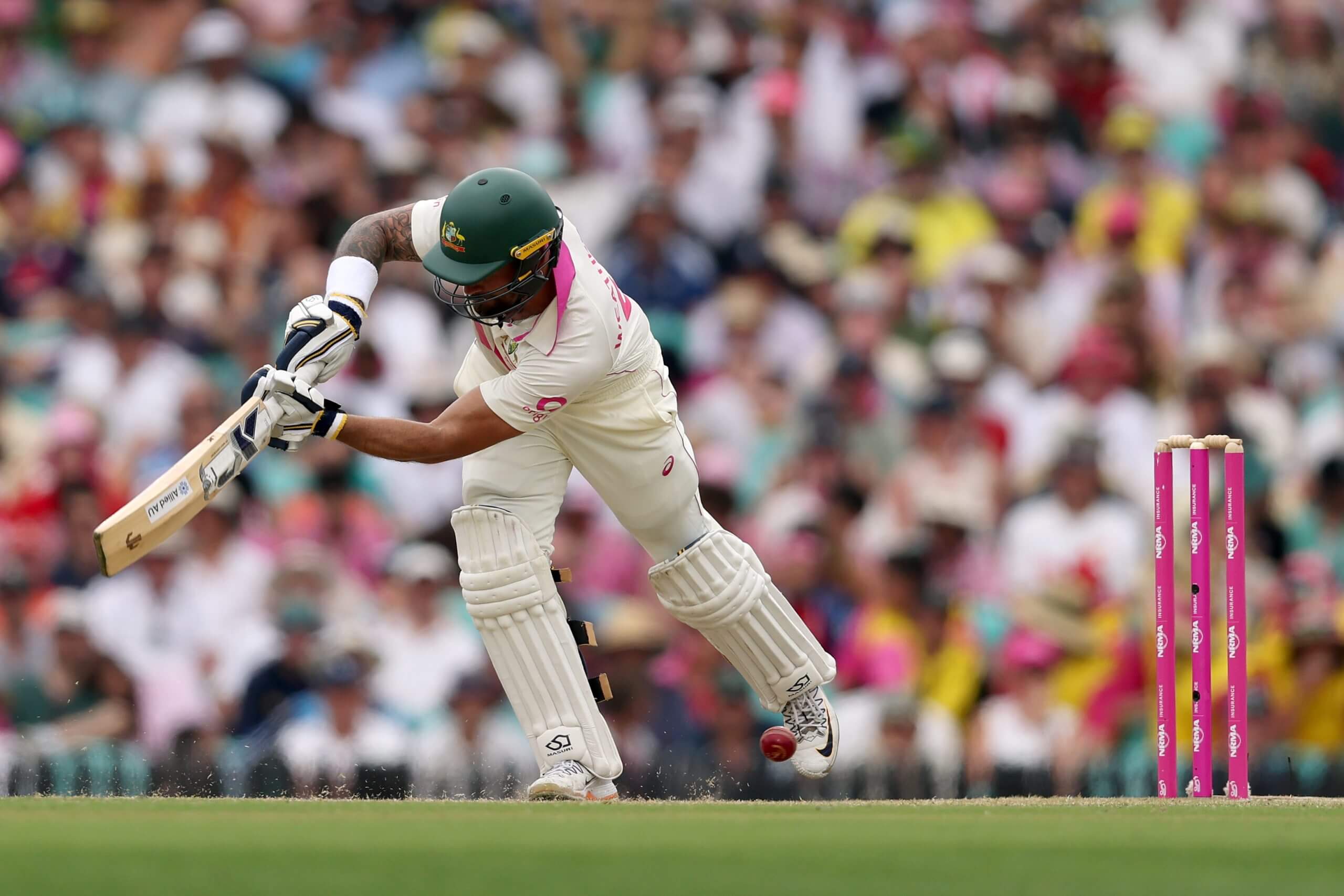 Jake Weatherald over-balances as he tries to work the ball to leg and is trapped in front, leg before wicket