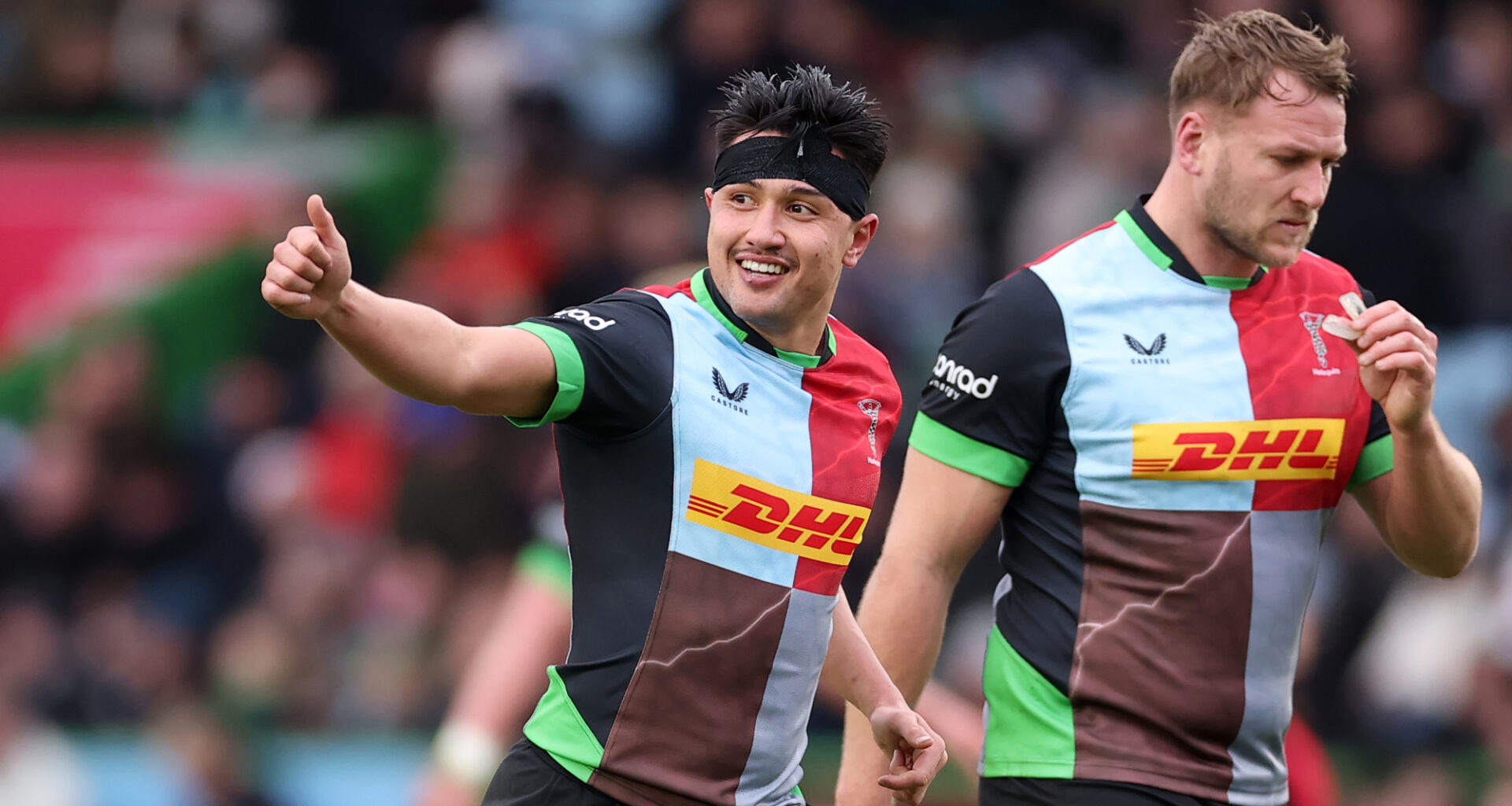Harlequins’ Marcus Smith celebrates converting a try during the January 2026 Champions Cup match against Stormers.