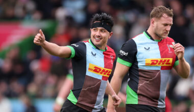 Harlequins’ Marcus Smith celebrates converting a try during the January 2026 Champions Cup match against Stormers.