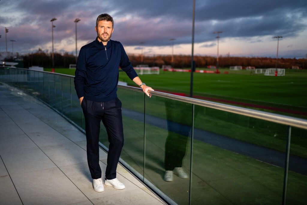 Manchester United interim head coach Michael Carrick poses at the Carrington training complex in 2026 in Manchester, England.