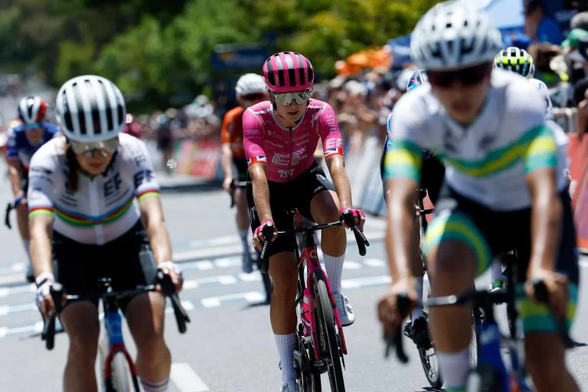 WILLUNGA, AUSTRALIA - JANUARY 17: Alice Towers of Great Britain and Team EF Education-Oatly crosses the finish line during the 10th Santos Women's Tour Down Under 2026, Stage 1 a 137.4km stage from Willunga to Willunga 134m / #UCIWWT / on January 17, 2026 in Willunga, Australia. (Photo by Con Chronis/Getty Images)