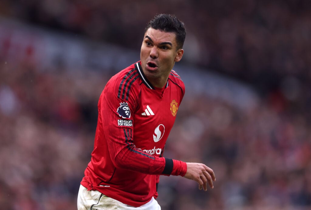 
Casemiro looks on during the Premier League match between Manchester United and Manchester City at Old Trafford in 2026 in Manchester, England.