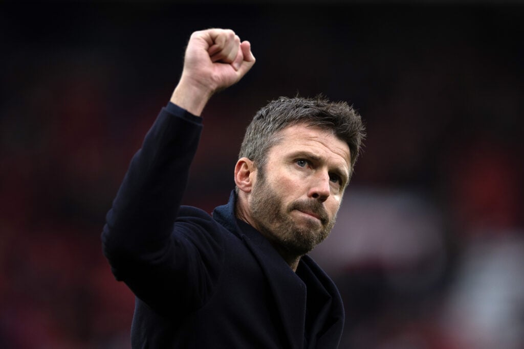 Michael Carrick celebrates victory following the Premier League match between Manchester United and Manchester City at Old Trafford in 2026 in Manchester, England.