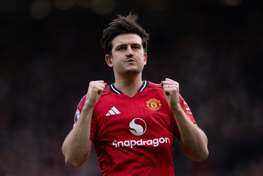 Harry Maguire of Manchester United celebrates to fans during the Premier League match between Manchester United and Manchester City at Old Trafford on January 17, 2026