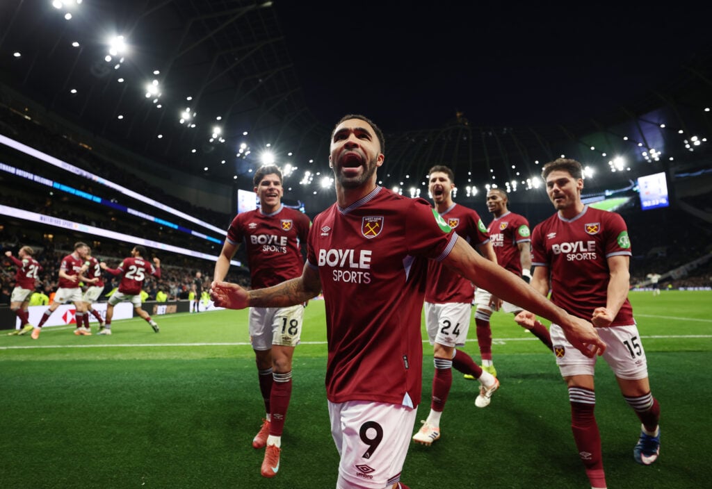 Callum Wilson celebrates scoring for West Ham United against Tottenham.