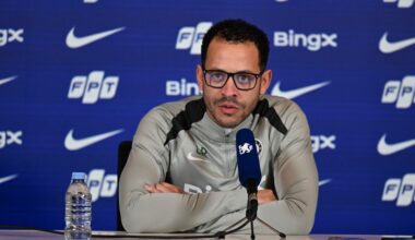 Liam Rosenior reacts after being told what the Chelsea fans were singing in the away end