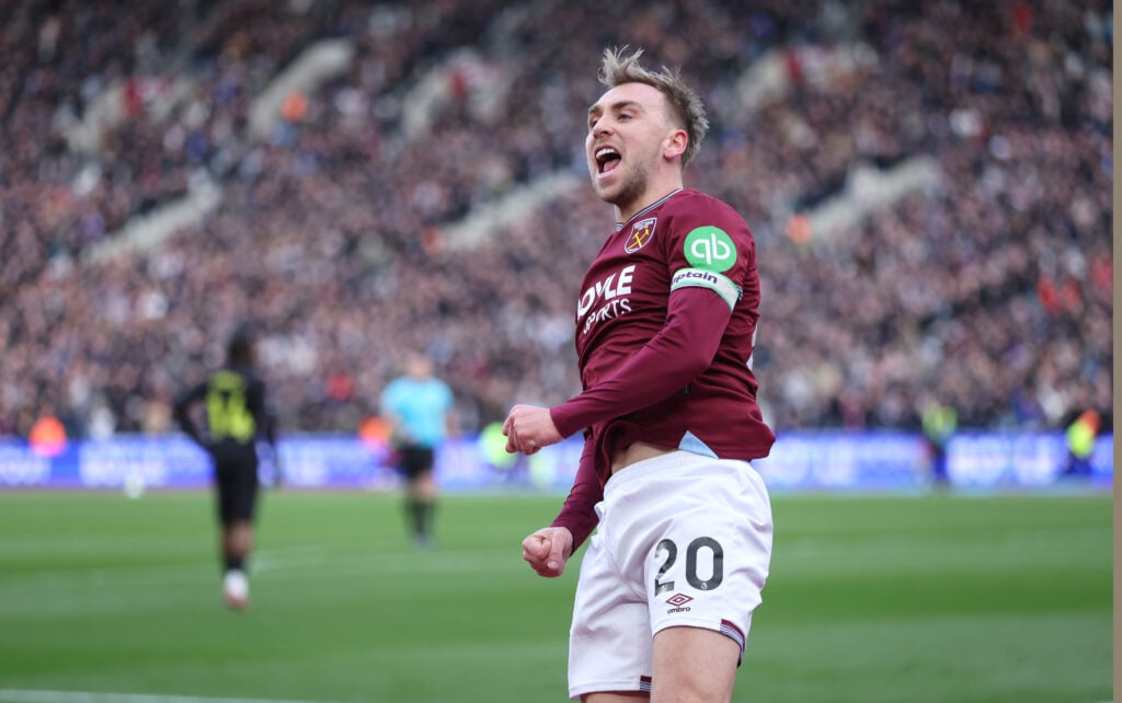 Jarrod Bowen celebrates after scoring for West Ham against Tottenham.