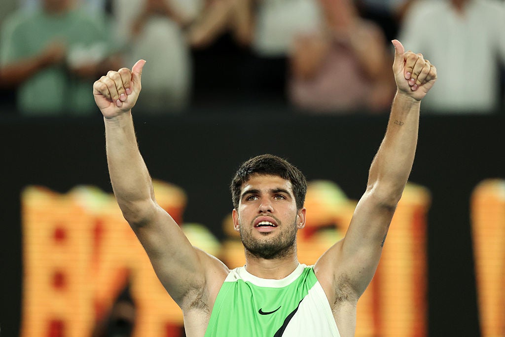 Carlos Alcaraz celebrates reaching the Australian Open semi-finals for the first time