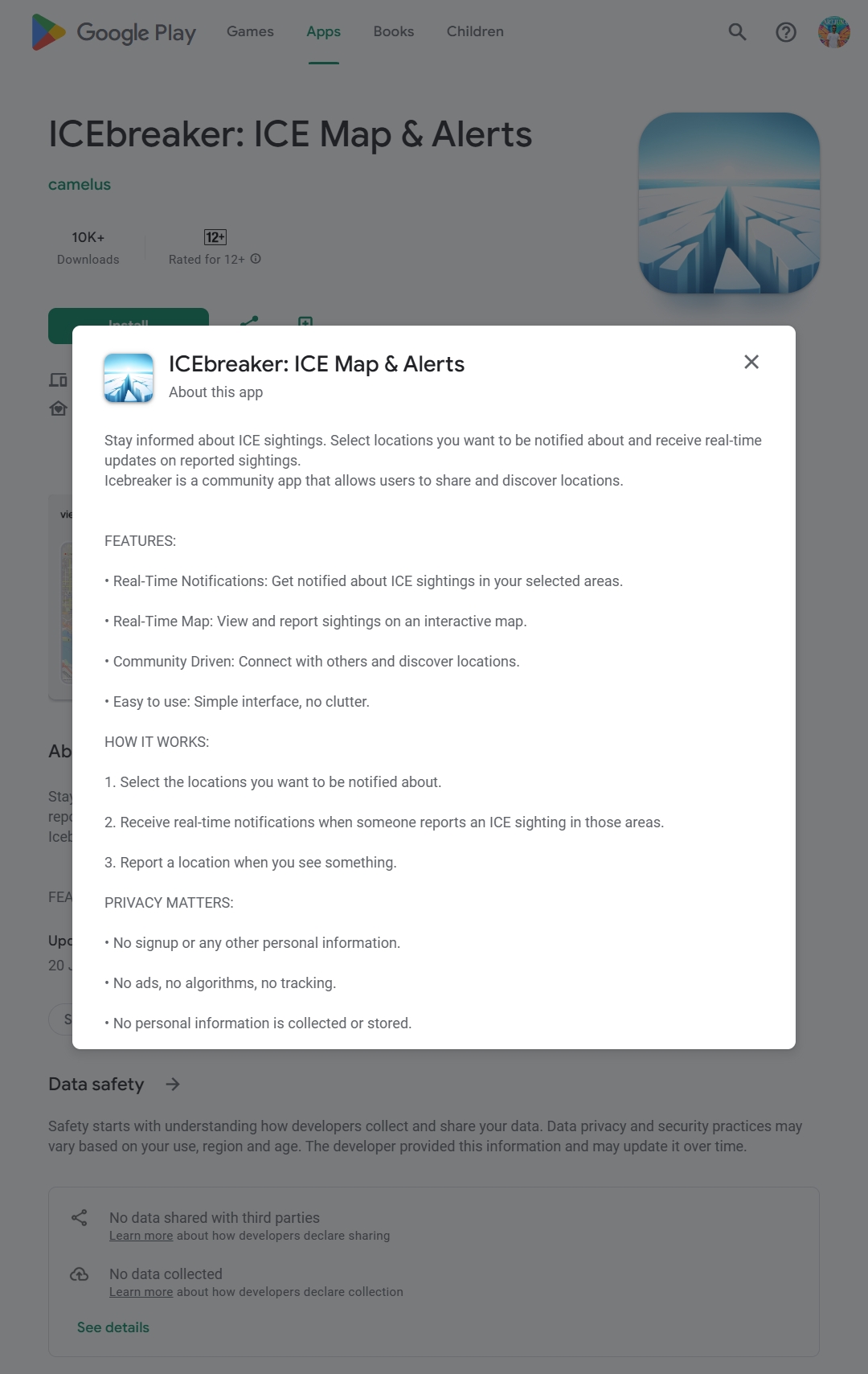 Google Play Store ICEbreaker ICE Map and Alerts