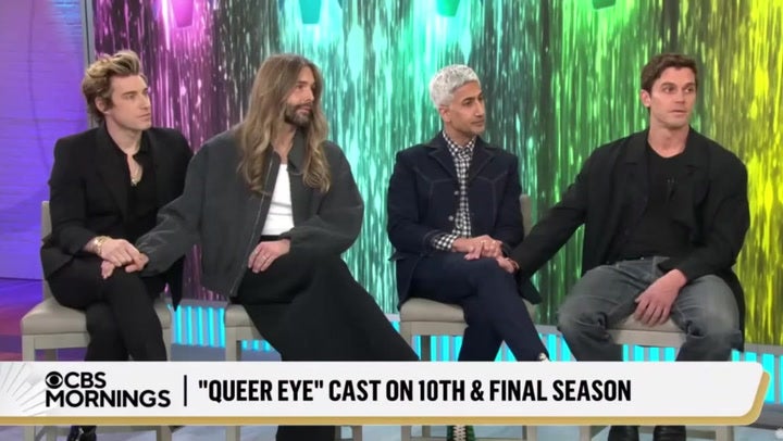(L-R) Jeremiah Brent, Jonathan van Ness, Tan France and Antoni Porowski held hands as they were confronted with bullying claims made by Karamo Brown