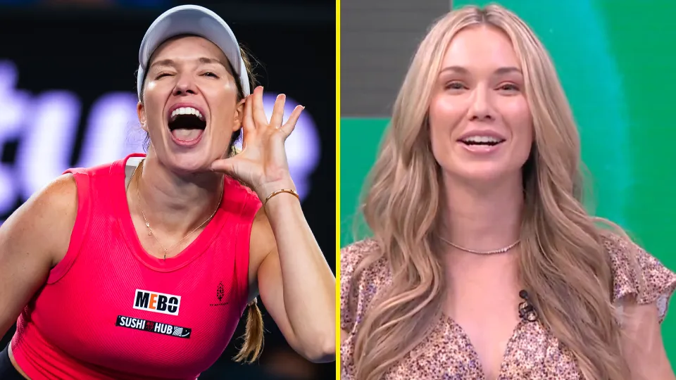 Danielle Collins on the left at the Australian Open and a picture of her on the right in the Tennis Channel studio