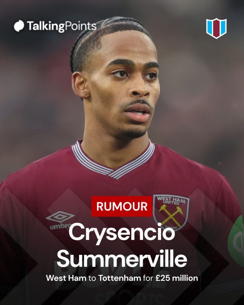 A graphic highlightining the rumour linking Crysencio Summerville with a £25m move from West Ham to Tottenham.