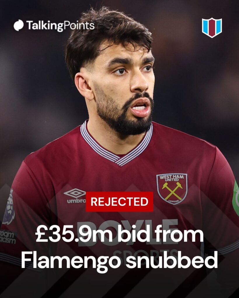 A graphic highlighting West Ham rejecting an offer worth £35.9m from Flamengo for Lucas Paqueta.