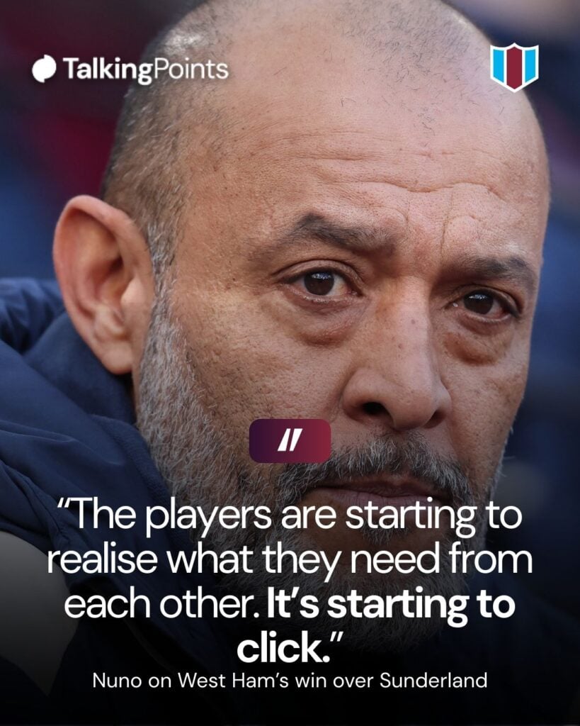 A graphic showing Nuno Espirito Santo's quotes after West Ham beat Sunderland.