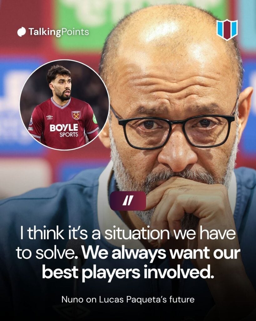 A graphic showing Nuno Espirito Santo's quotes on Lucas Paqueta's West Ham future on 15/01/2025.