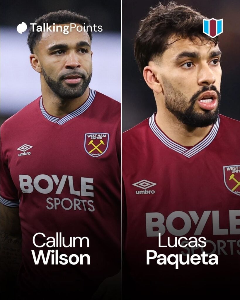 A split image showing Callum Wilson playing for West Ham and Lucas Paqueta playing for West Ham.