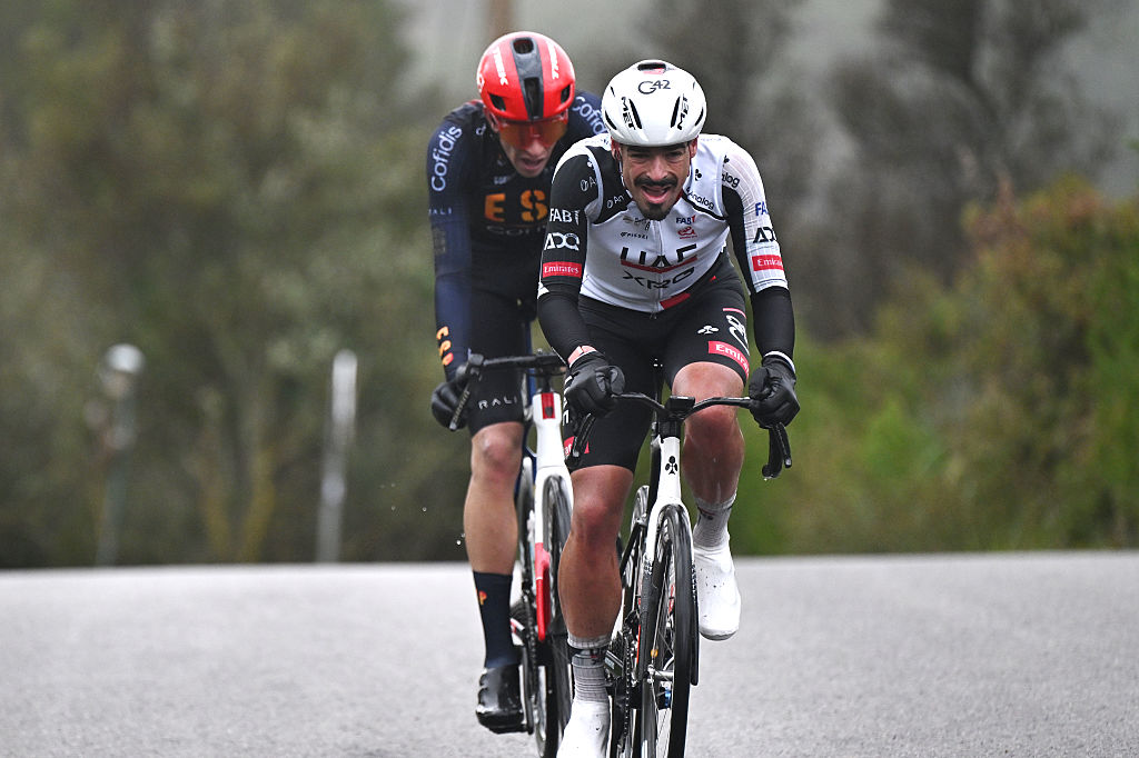 PALMANOVA, SPAIN - JANUARY 28: (L-R) Hector Alvarez of Spain and Team Spain and Antonio Morgado of Portugal and UAE Team Emirates compete in the breakaway during the 35th Challenge Ciclista Mallorca 2026 - Trofeo Calvia a 148.3km one day race from Palmanova to Palmanova on January 28, 2026 in Palmanova, Spain. (Photo by Tim de Waele/Getty Images)