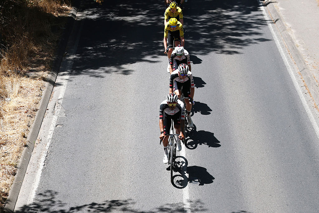 STIRLING, AUSTRALIA - JANUARY 25: Juan Sebastian Molano of Colombia and UAE Team Emirates leads the peloton during the 26th Santos Tour Down Under 2026, Stage 5 a 169.8km stage from Stirling to Stirling / #UCIWT / on January 25, 2026 in Stirling, Australia. (Photo by Con Chronis/Getty Images)