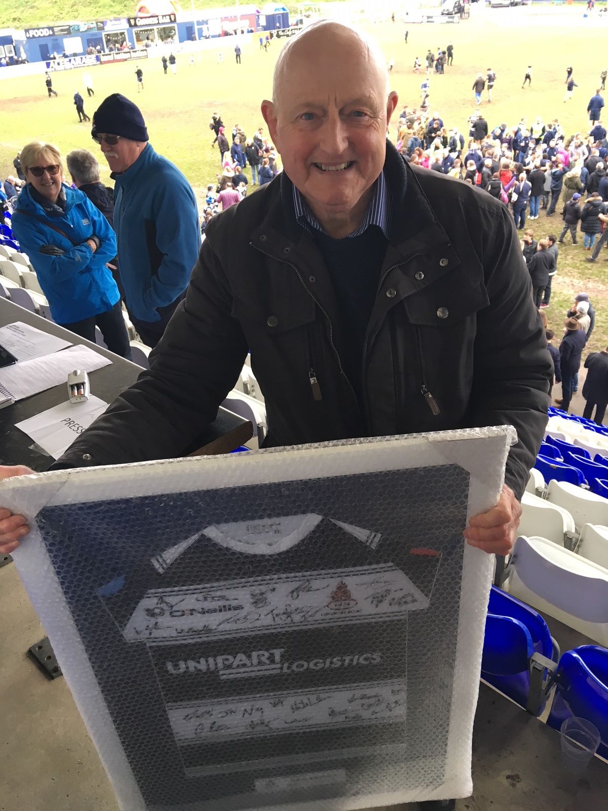 John Wilkinson receives a framed, signed shirt after Coventry Rugby's last game of the 2017/18 National League One campaign